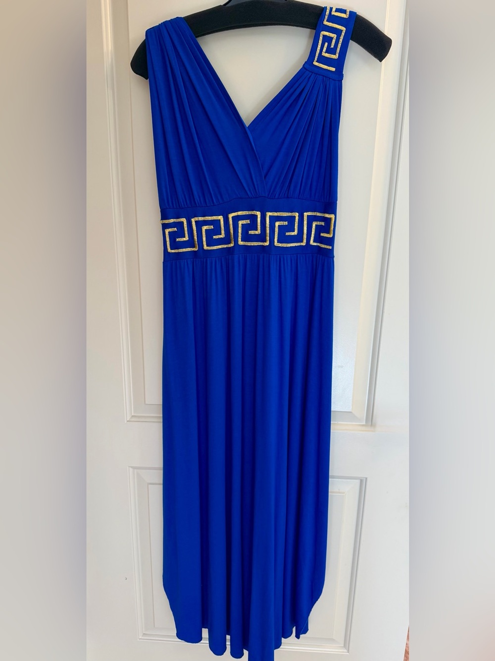 Resortwear Royal Blue Grecian Maxi Dress Gold Trim Size Fits S/M New w/o Tag